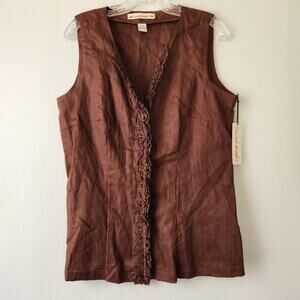 David Brooks Linen Shirt Womens L Brown Ruffled Button Up Lagenlook Classic Chic
